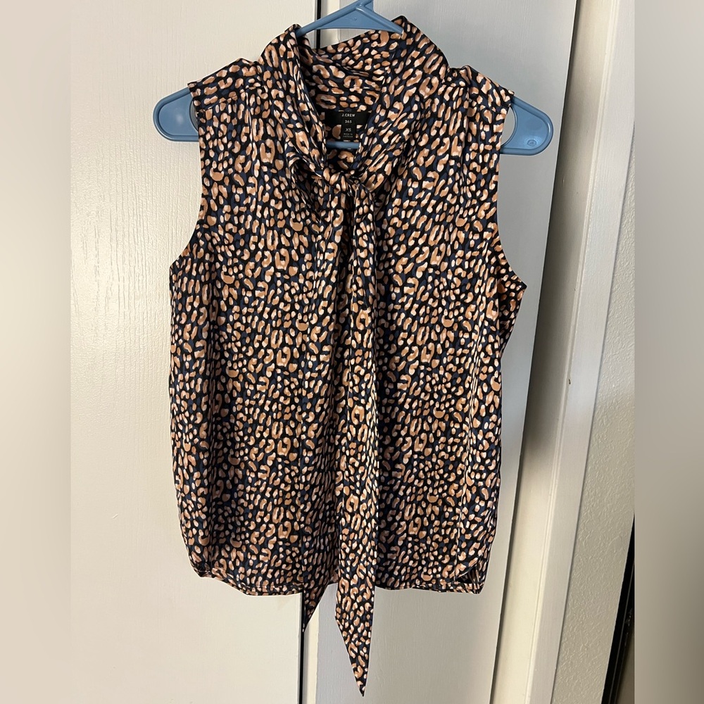 J.Crew Leopard Print Tie Neck Sleeveless Blouse